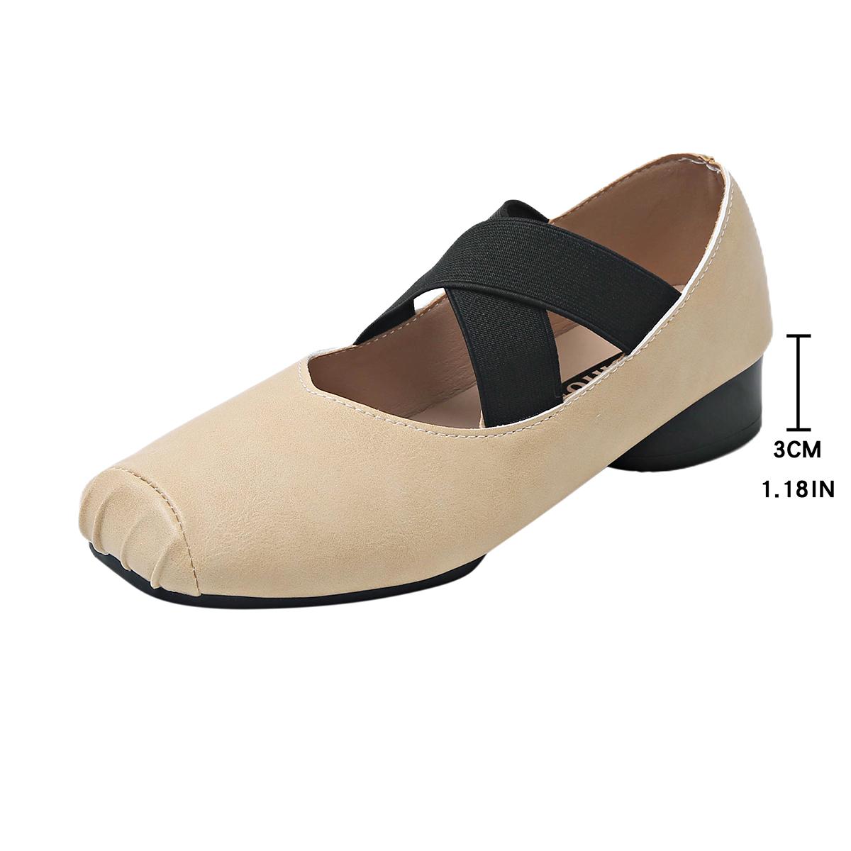 

Fashion Spring 2025 New Women s Ballet Shoes Square Toe Thick Middle Heel Cross Elastic Cowhide Color Office Women Shallow Single Shoes 43 бежевый