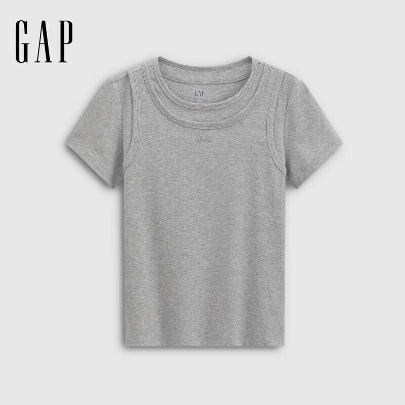 GAP Women's 2026 Summer Faux Two-Piece Logo Embroidered Short Sleeve T-Shirt