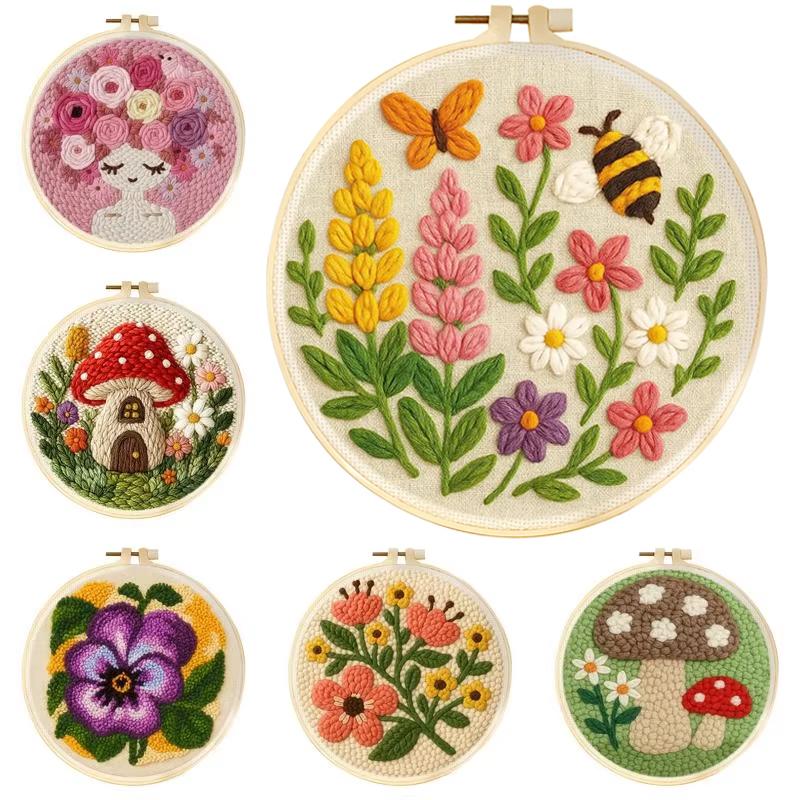 Kit Punch Needle Fai da Te Fiori Funghi Set Facile di Ricamo Punch Needle per Principianti con Telaio Modello Stampato per Artigianato Casa D