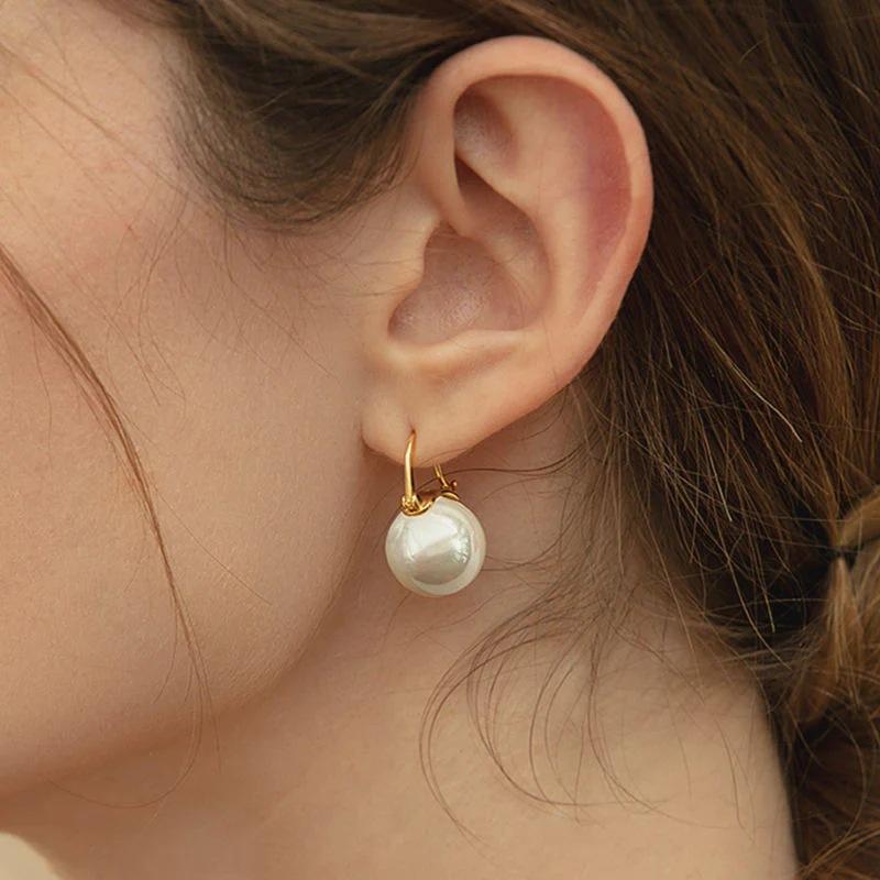 Large pearl pendant earrings, classic round pearl Huggie women's earrings, elegant wedding and daily jewelry gifts