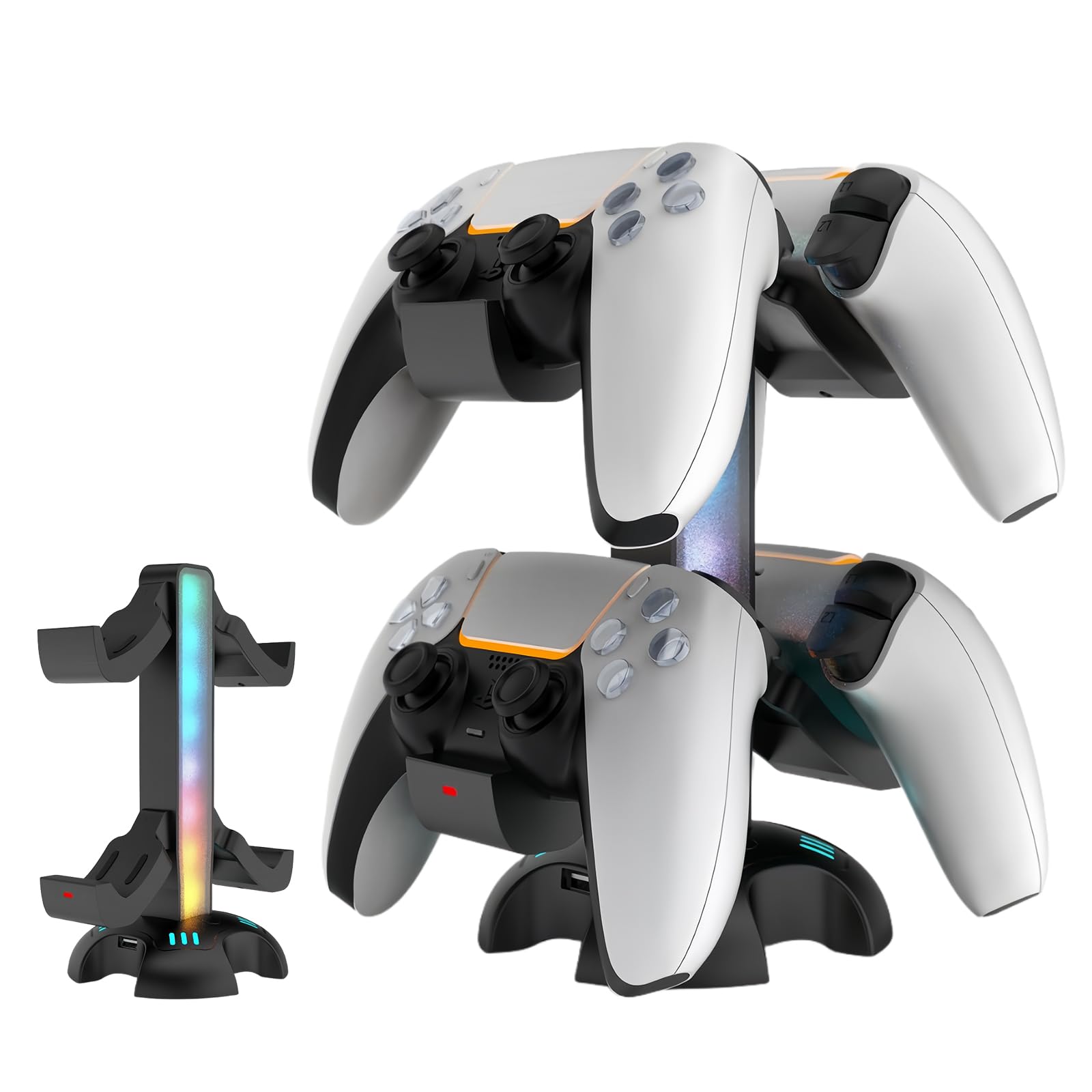 

PhyiFlbey PS5 Controller Storage Charging Stand for 2 or 4 Controllers Earphone Desktop Compatible with PS5 Includes Indicator RGB Lighting USB Port
