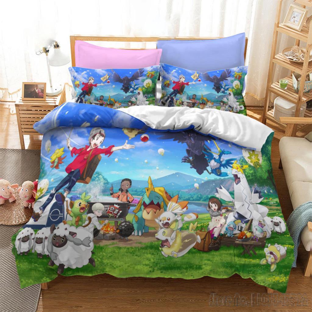 Anime Bandai 3D Home Pokemon Pikachu Bedding Set Baby Duvet Cover Sets Bedclothes Twin Single King Kids Adult Gift