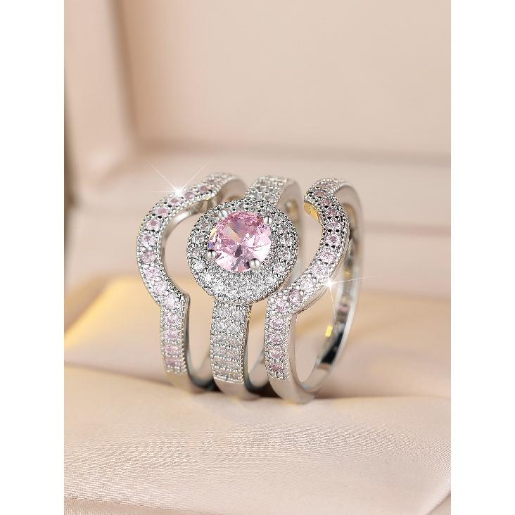 European and American luxury round pink and white diamond-studded ring set for women, fashionable, light luxury, sweet, geometric, versatile, index