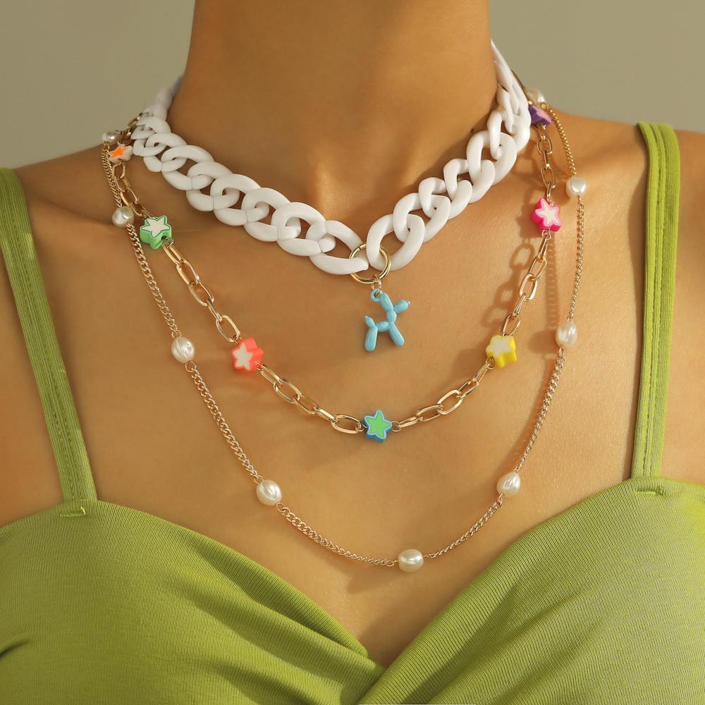 Contemporary Geometric Dog Pendant Necklace Featuring Colorful Soft Clay Flowers