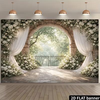 2D Vintage Stone Balcony with Flowers Backdrop Photography Background Banner