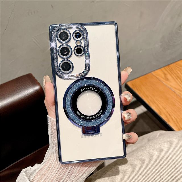 For Samsung Galaxy S25Ultra Luxury Flash Diamond Plating Frame Glitter Stand Holder Phone Case For Samsung S22 S23 S24Plus Cover