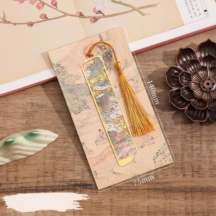 Traditional Chinese Brass Bookmark with Tassel Elegant Laser Cut Metal Page Marker Ancient Style Landscape Reading Accessories