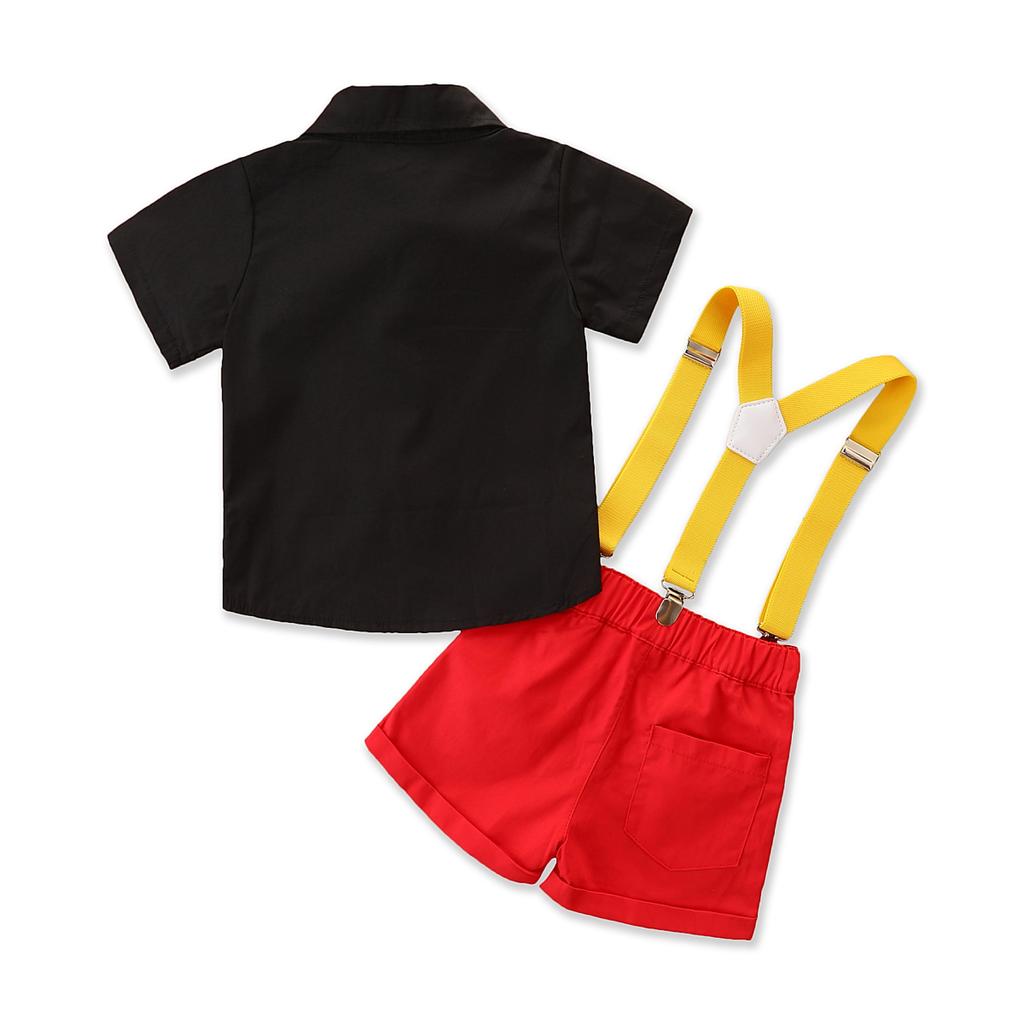 Toddler Boys Gentleman Suits, Summer Short Sleeve Bowtie Lapel Shirt + Bib Shorts Set