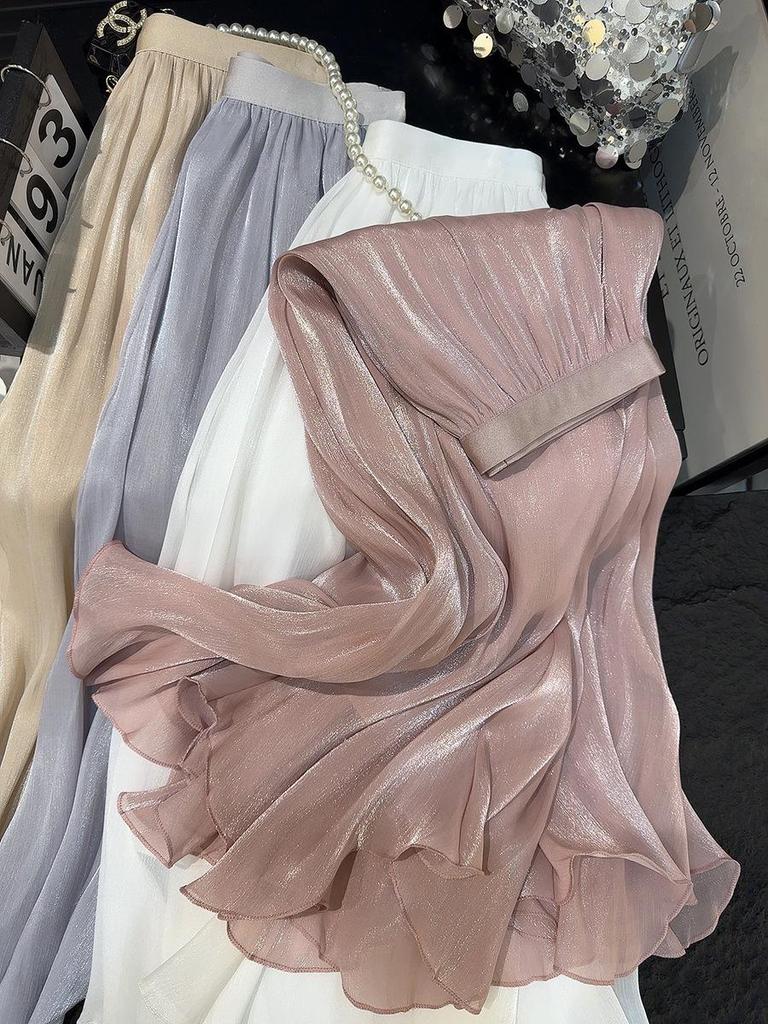 Elegant High-Waisted Chiffon A-Line Skirt - Slimming, Flowing, and Lightweight Summer Mesh.