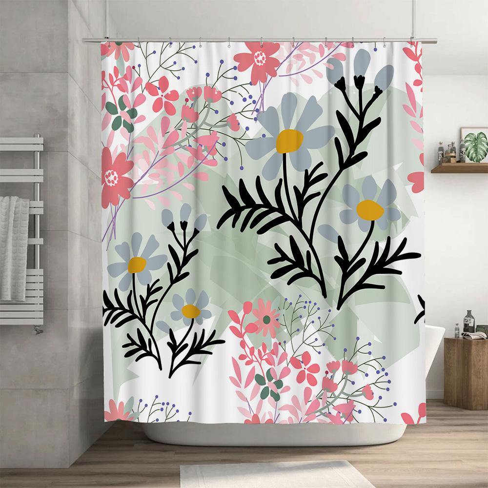 Modern Floral Print Shower Curtain Waterproof Polyester Bathroom Decor Home Decoration Customizable Size Available Pink Blue Whi