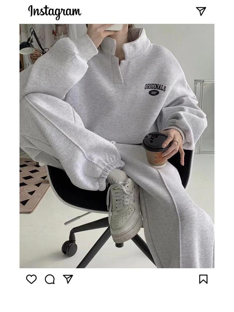 Women's 2024 Autumn/Winter Fleece-Lined Sweatshirt & Sweatpants Set - Fashionable Casual Two-Piece for Running or Sports