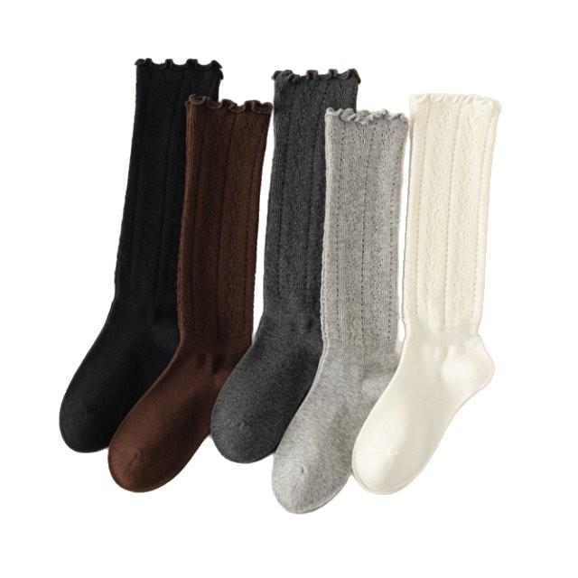 Korean Hollow Out Wood Ear Fishnet Stockings - Women's Knitted Mesh Calf Slimming Slouchy Long Socks