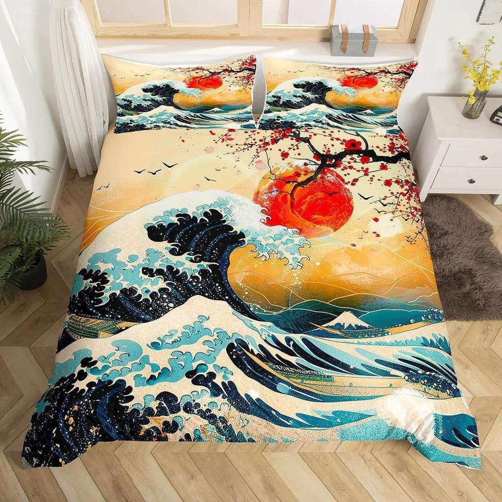 3D Japanese Wave Print Duvet Cover Set, Soft Microfiber Vintage Ukiyo-e Bedding Set With Pillowcases