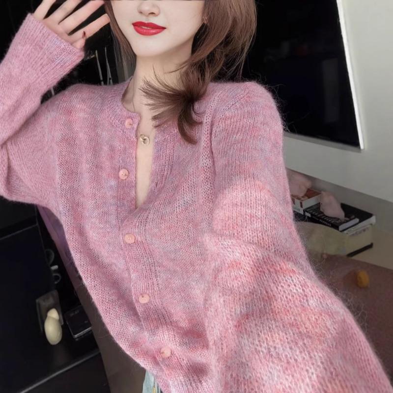 Sweet temperament round neck single-breasted knitted cardigan spring long-sleeved chic unique pink purple sweater jacket