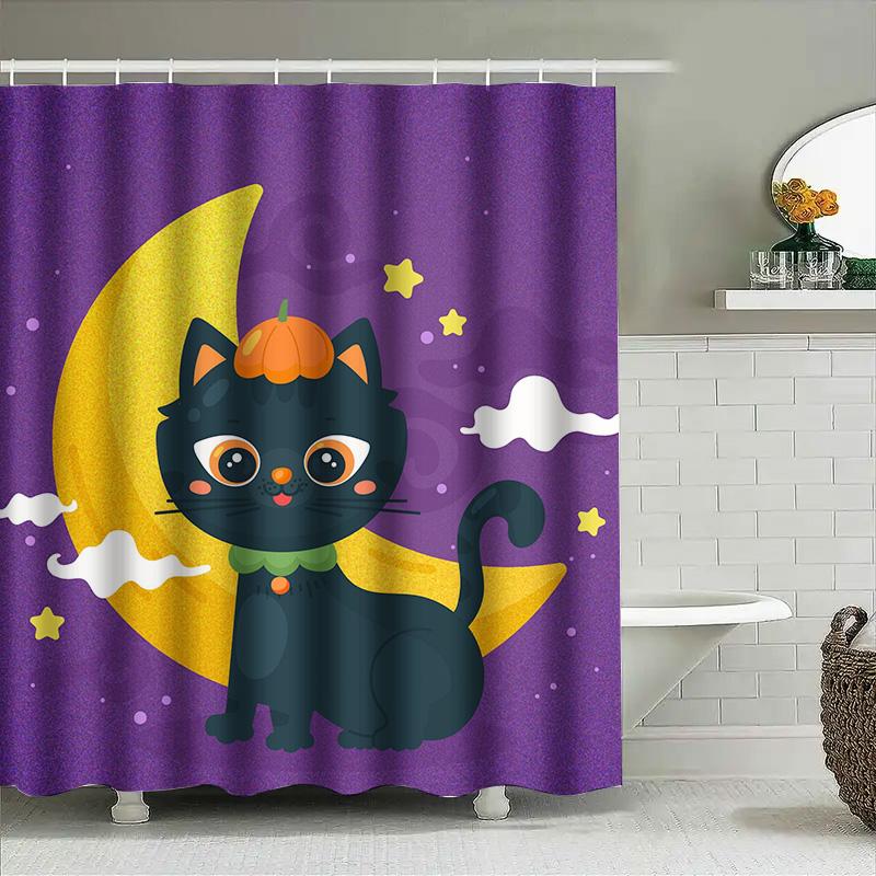 

Tuniu Cute Black Cat With Pumpkin Halloween Shower Curtain For Bathroom Decor Kids Room Accent Wall Art W60H190(CM)-1 Pcs
