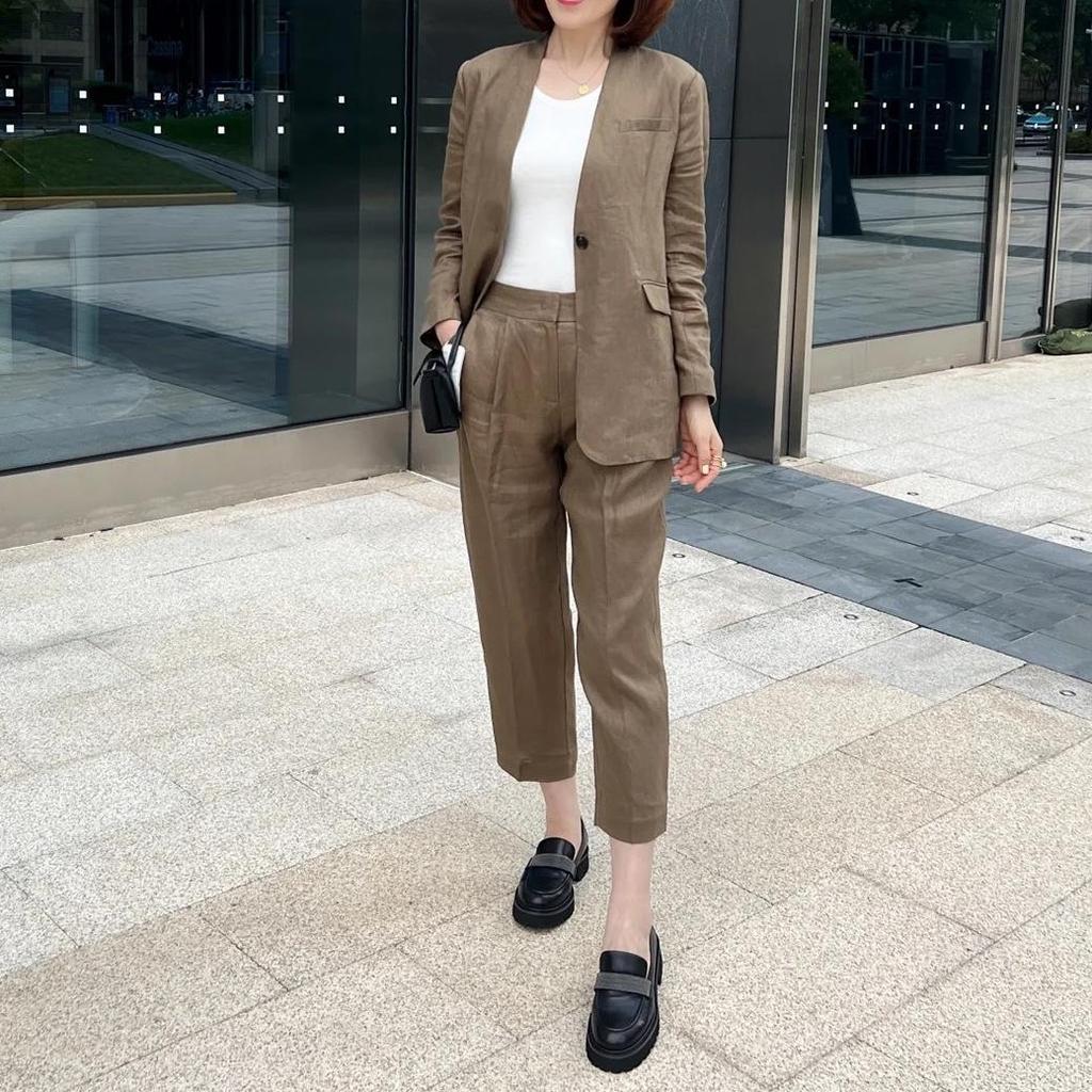 Nanyou Women's High-End Linen Collarless Jacket - Minimalist Style, Autumn 25