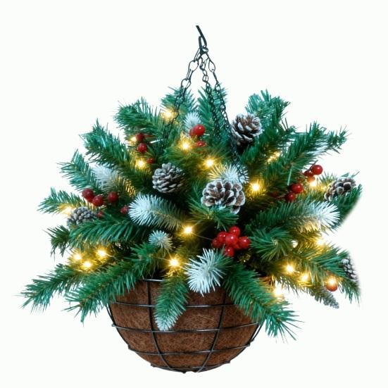 

Предварительно украшенная рождественская подвесная корзина, искусственная корзина с зеленью, с сосновыми шишками, красными ягодами, уличный подвесной кашпо со светодиодами