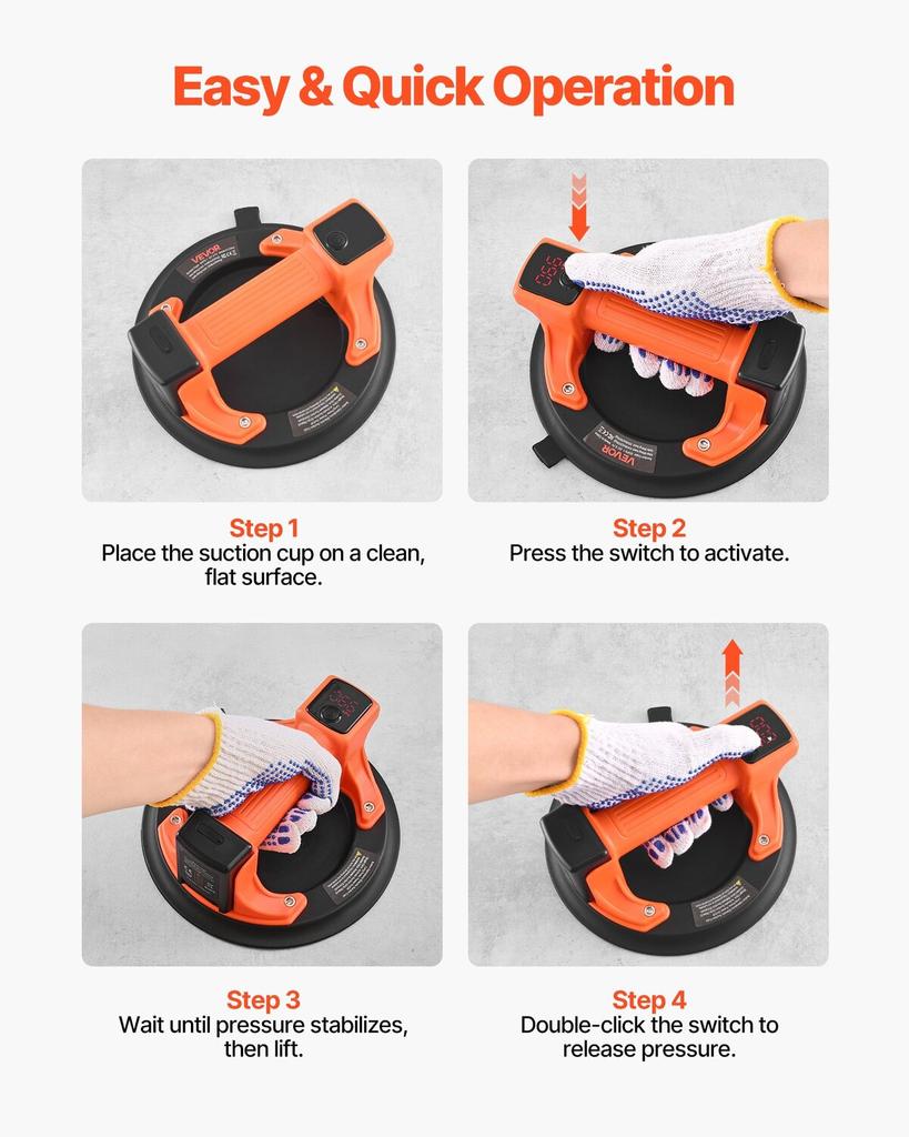 Electric Suction Cup, 203 Mm Vacuum Glass Lifter with Digital Display for Suction Power & Battery Level, 200 Kg Max Lifting Capacity Tile Suction Cup