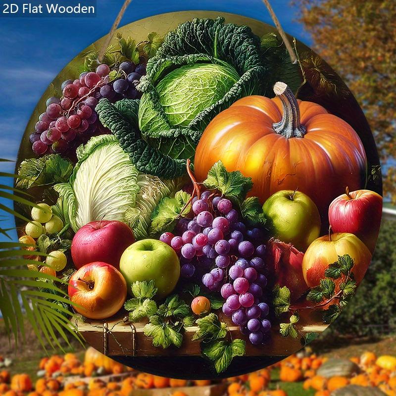 Autumn Harvest Wooden Sign with Fruits and Vegetables Pattern Design - Unique Wall Pediments - Ideal for Front Door, Yard, Porch, Room Decor