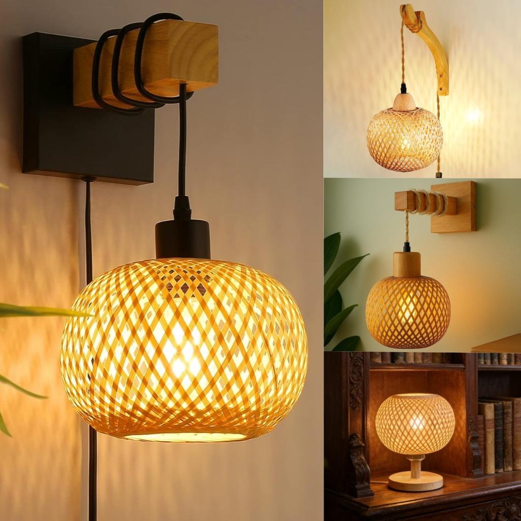 JOYINLED Farmhouse Bamboo Wall Sconce, Plug-in Hand-Woven Rattan & Wood Pendant Light Bedroom Living Room Hallway Ceiling Lamp