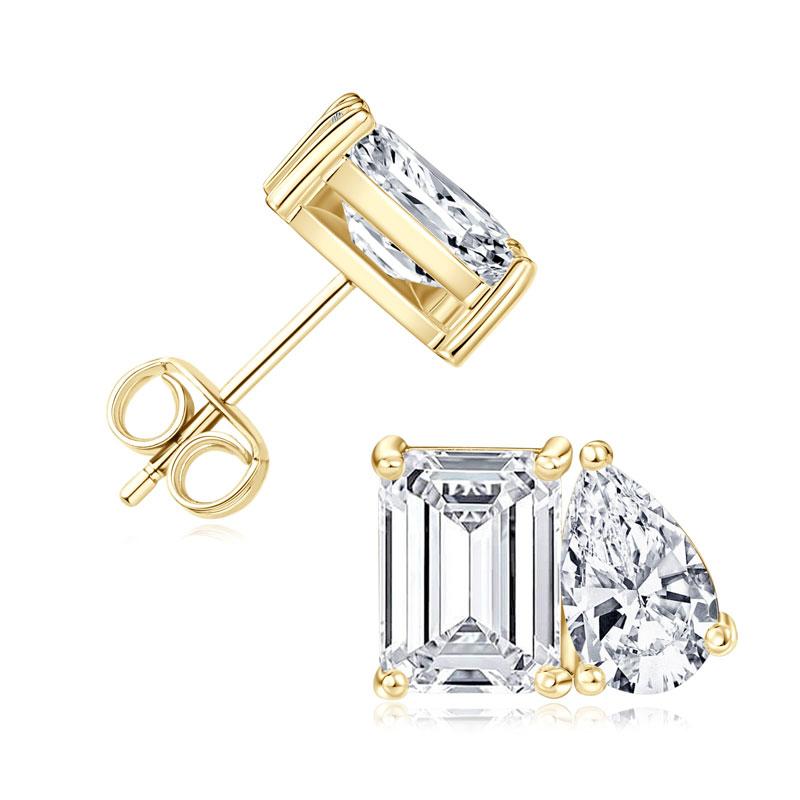 Wholesale New Emerald &Pear Zircon Stud Earrings 14K Gold Filled Two-Tone Geometric Design Two Stone Stud Earring for Engagement 5x7mm Emerald & 5x8mm Pear Cut Cubic Zirconia