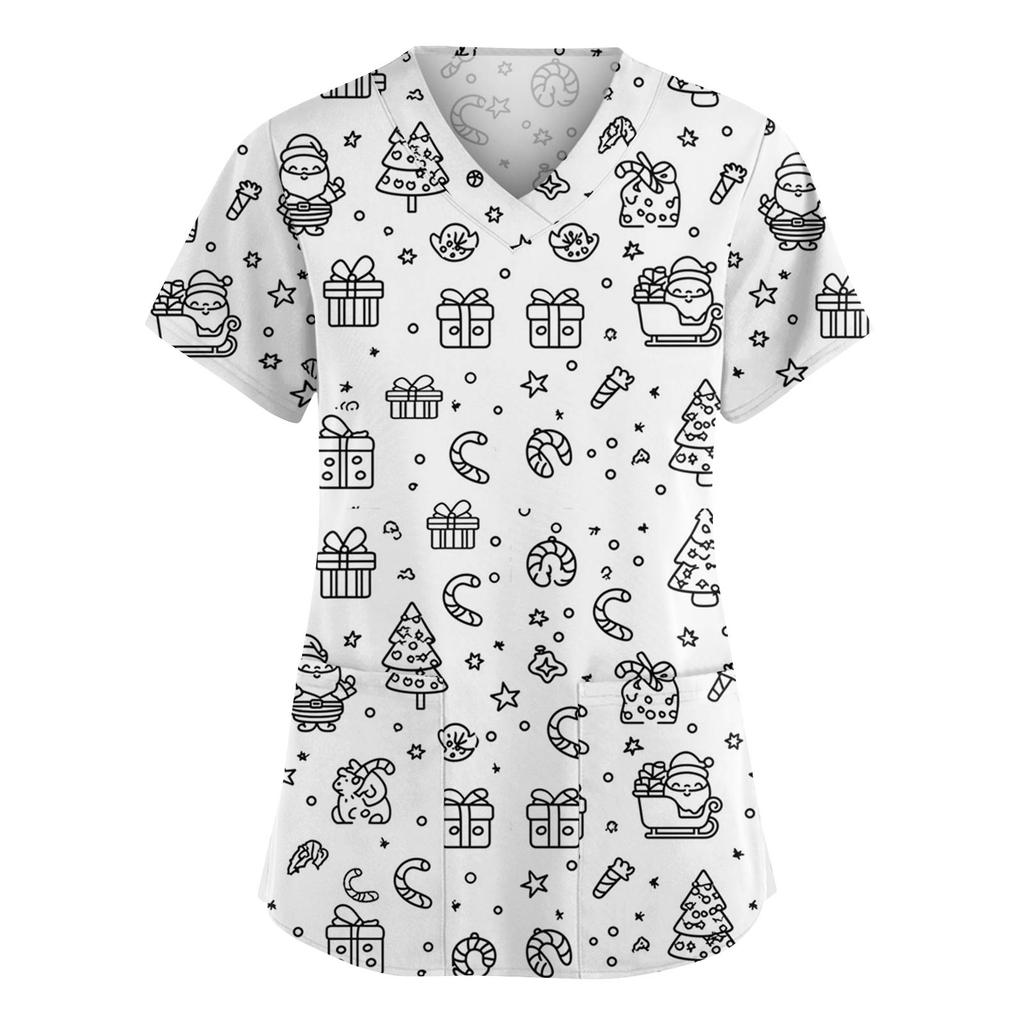 Damenmode V-Ausschnitt Kurzarm Overalls mit Taschen Print Tops Kleidung