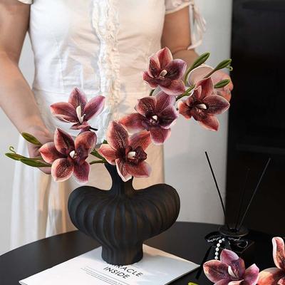 Silk Material Faux Flower 3 Heads Design Simulated Orchid Artificial Flower Stem  Home Table Decor