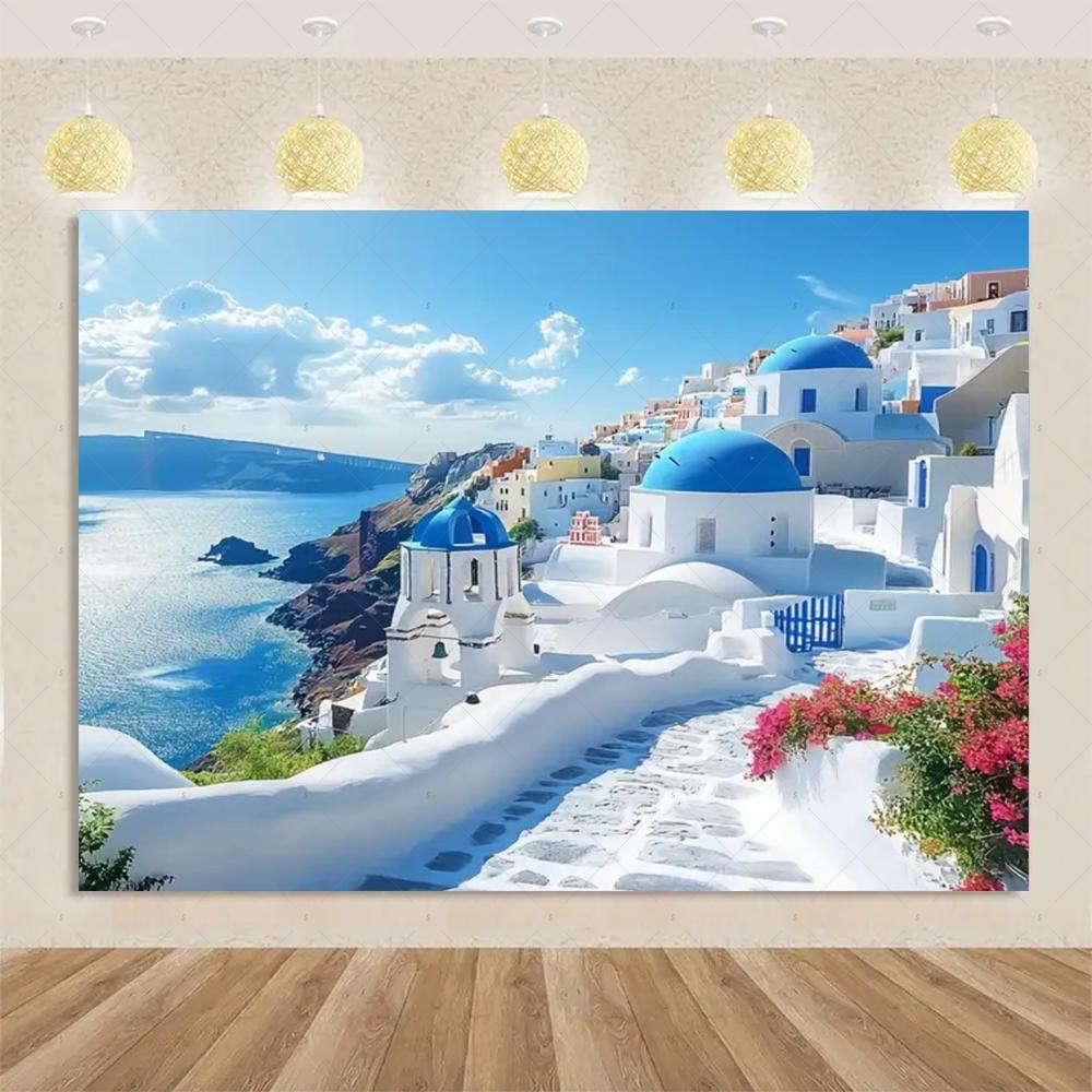 Nordische Griechische Landschaft Hausparty Dekorationen Inselstadt Santorin Blaue Kuppel Kirche Ägäis von Santorin Fotografie Hintergrund
