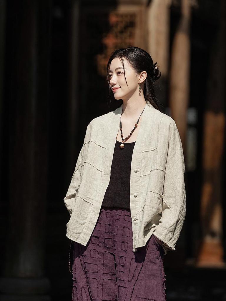 Vintage Frog Button Cotton Linen Retro Cardigan for Women