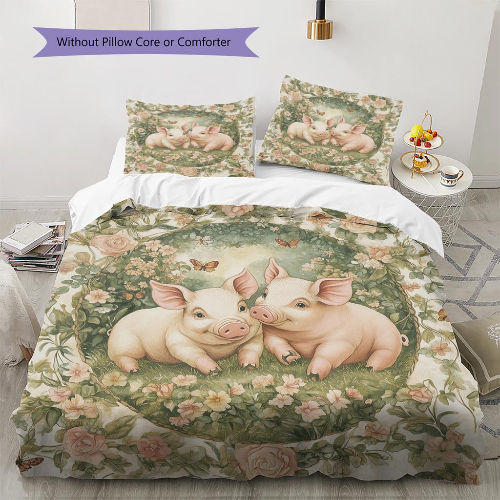 Pig and Flowers Pattern Bedding Home Decoration Birthday Gift (1 * Duvet Cover + 2 * Pillowcase, Without Core)