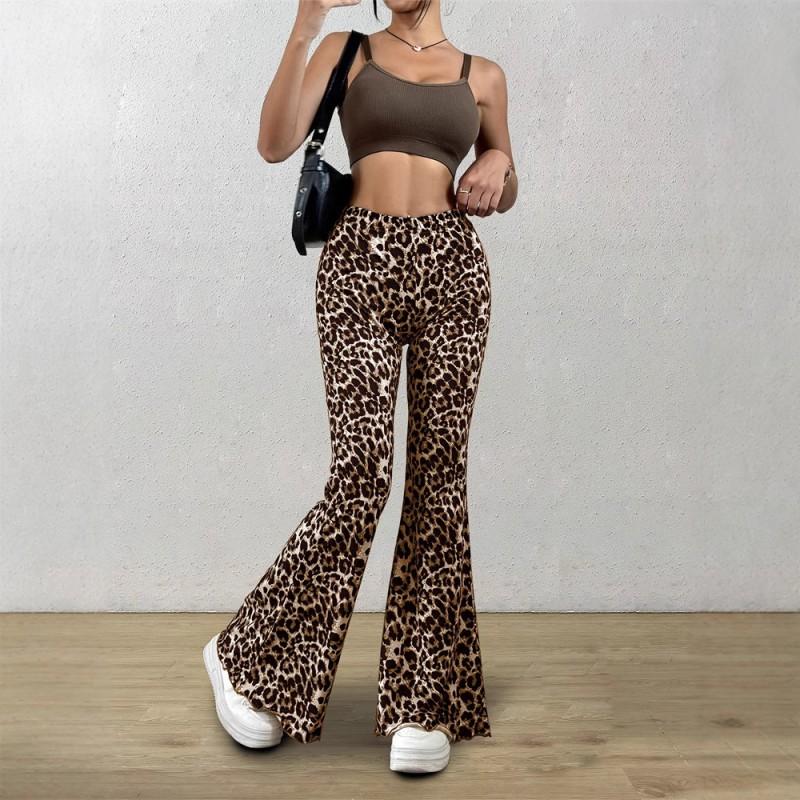 Womens High-Waist Knit Flare Pants With Leopard Print Stretch Waistband Casual Sexy Slim Fit Trousers