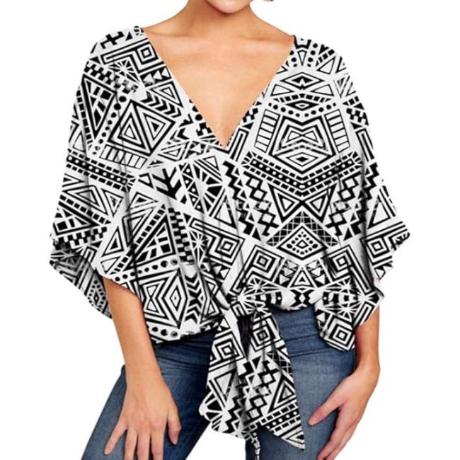 Damen Casual Blumenhemd Sommerstil V-Ausschnitt Kurzarm Fledermausärmel Lockeres Hemd Bohemian Stil Frontknoten Oberteil