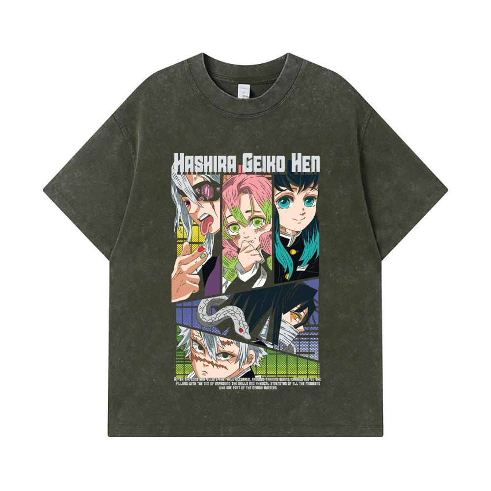 

275 GSM Washed T-shirts 100% Cotton Demon Slayer V18 Hashira Geiko Print Unisex Heavy Cotton T Shirt S армия зеленый
