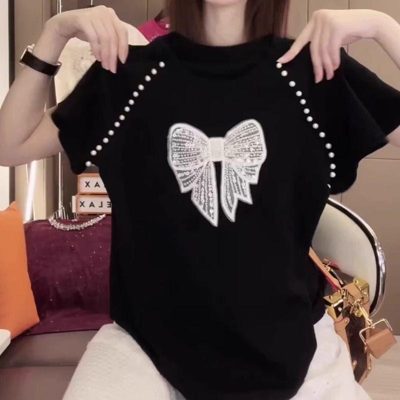 

Plus Size Women s Beaded Bowknot Slimming T-shirt - Summer 2025 Trend 3XL (154-172 lbs)