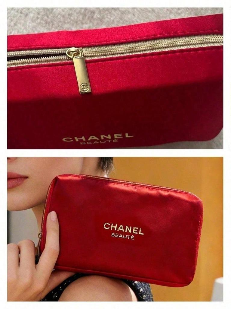CHANEL Red Satin Rectangular Makeup Pouch, Gold Zipper Holiday Cosmetic Bag, Luxury Brand Beauty Accessory