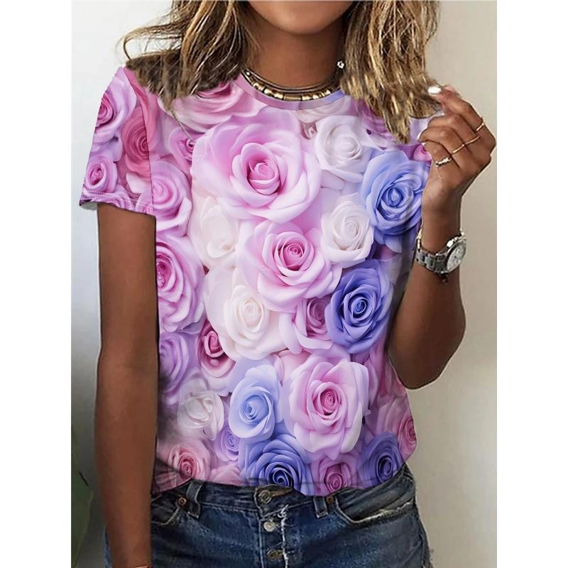 3D Printed Flower Plants T Shirt For Women Butterfly Graphic Short Sleeves Summer Street O-Neck Tees Tops Loose T-Shirts