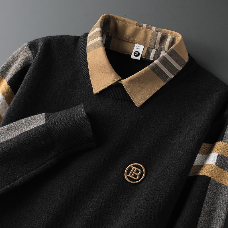 

Мужской высококачественный легкий роскошный облегающий свитер-двойка – коллекция Весна 2025, воротник рубашки с длинным рукавом в европейском стиле M чёрный