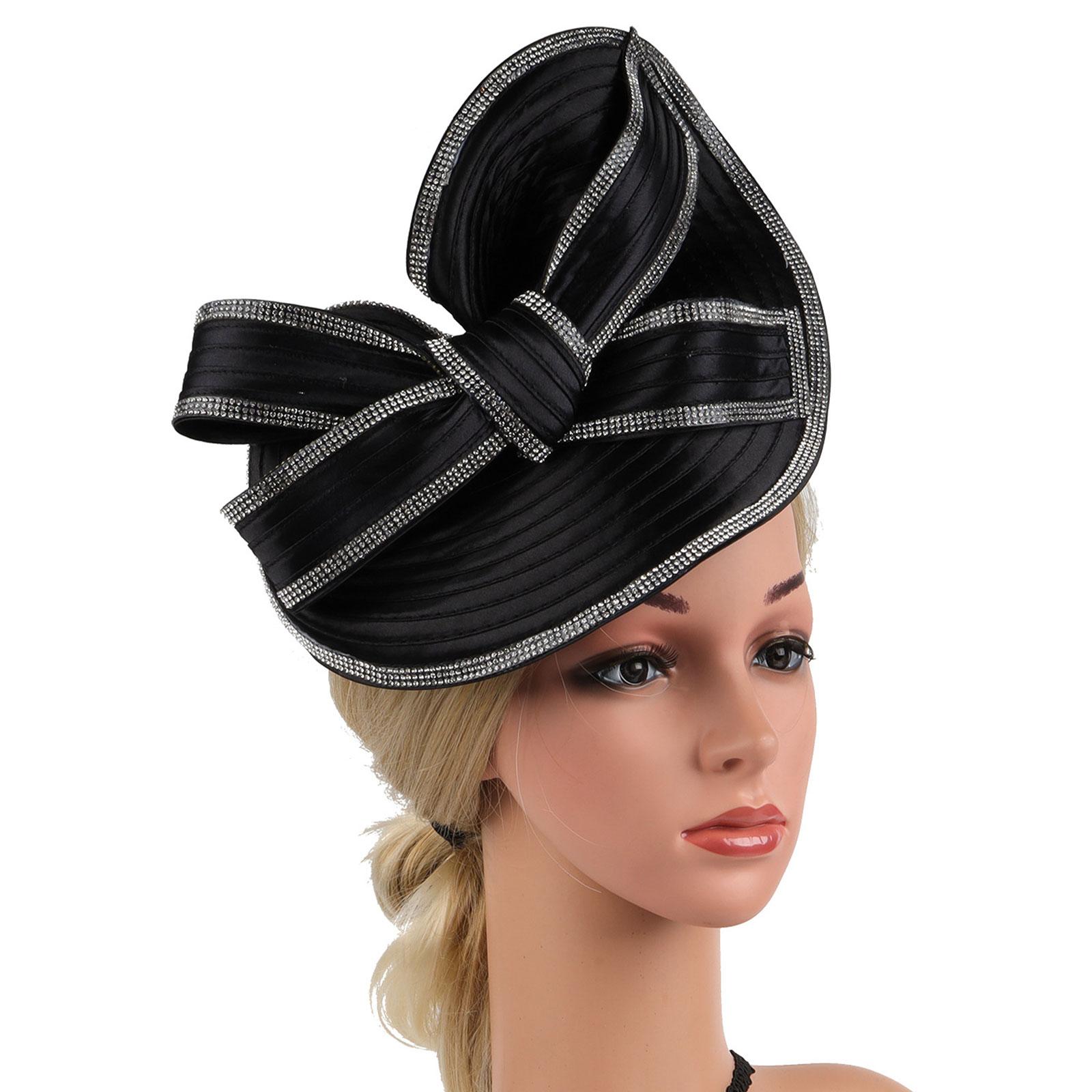 

Шляпка-фасинатор для чаепития, обруч для волос для вечеринки, свадьбы, для женщин, со стразами, с бантом, фасинатор, повязка на голову, преувеличенная церковная шляпка чёрный