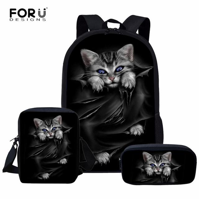 Klassiek Populair Schattig Kattenpatroon 3D Print 3 stuks/Set leerling Schooltassen Laptop Dagrugzak Rugzak Diagonale schoudertas Etui