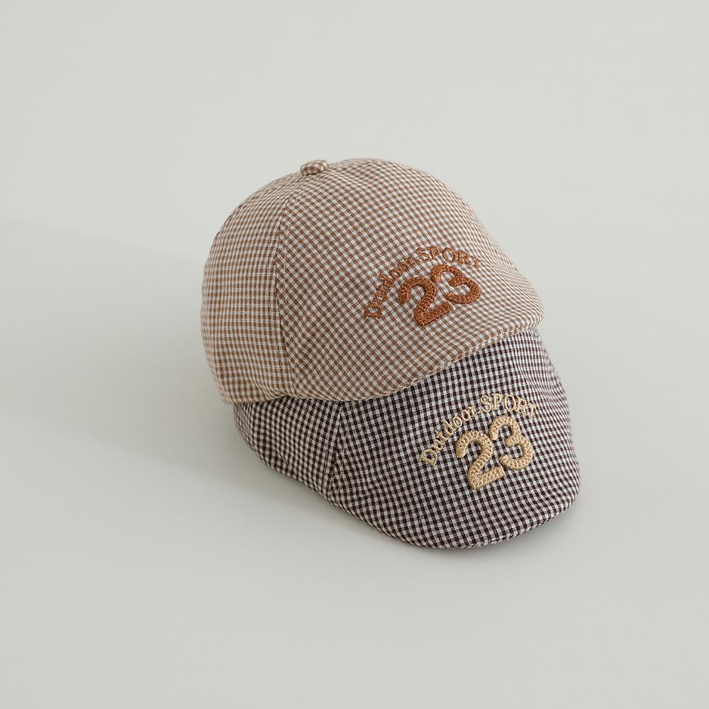 Retro Plaid Baby Beret – Spring/Summer Sun Hat with Embroidered "23" for Infants & Toddlers