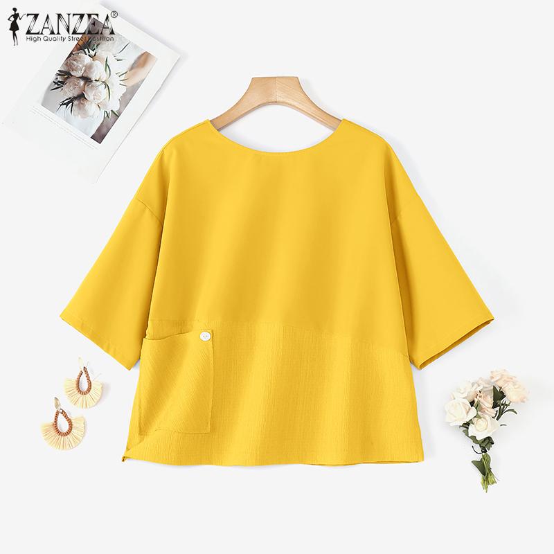 ZANZEA Women Casual Round Neck Loose Summer 3/4 Sleeve Blouse