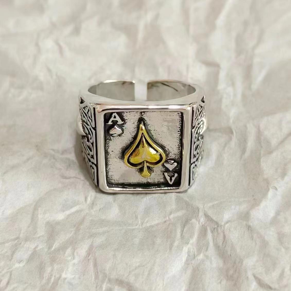 Sterling Silver Adjustable Ace of Spades Hip Hop Ring - Trendy, Personalized Retro Design for Men