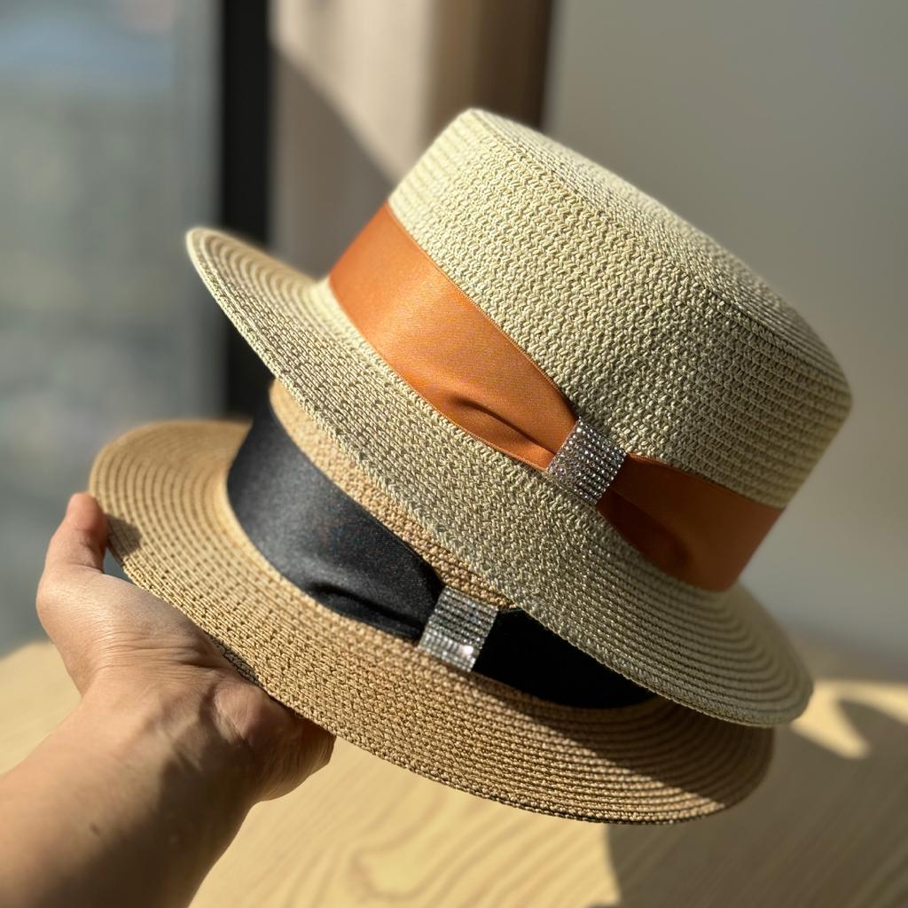 Female Elegant Top Hat French Big Head Circumference Hat Flat Top Straw Hat Seaside Vacation Sun Hat