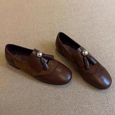 Summer 2025 New British Style Tassel Block Carved Floral Flat Bottom Loafers Women's Versatile Color Matched Leather Shoes