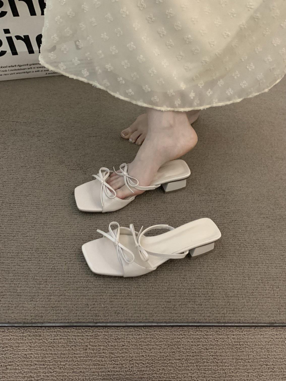 

Niche high-heeled bow French one-word slippers fairy outer wear 2025 new summer with skirt sandals 35