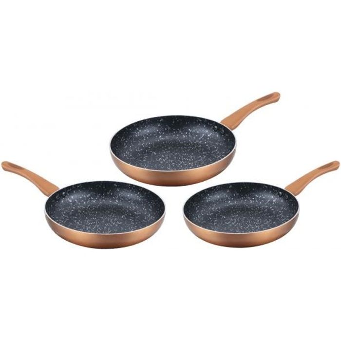 Batterie de poêles en pierre cenocco cc-2001 - 3 pièces - tout feux dont induction - anti-adhésif - orange