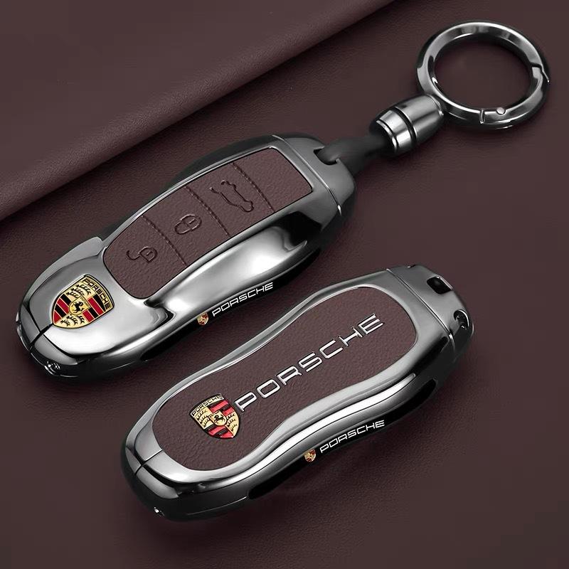 Zinc Alloy Leather Car Key Case Full Cover Protector For Porsche Cayenne Panamera Macan Cayman 718 911 Taycan Accessory Sticker EFD1