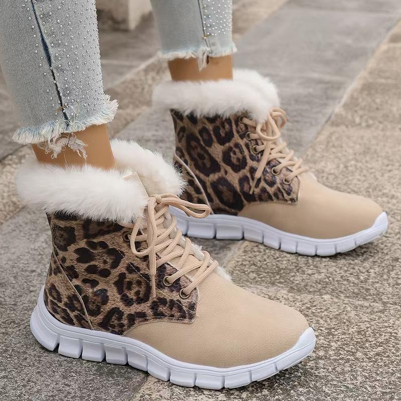 Winter Leopard Print Cotton Padded Shoes Women Anti Slip Lace Up Warm Fur Snow Boots Woman Plus Size 43 Fluffy Ankle Boots