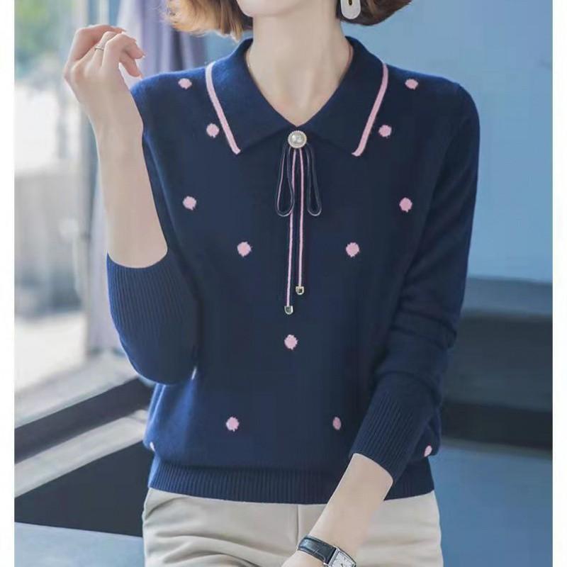 Spring and Autumn Middle-aged Mothers Wear Tops, Pullover Lapels, Western-style Sweaters, Knitwear, All-match Bottoming Shirts