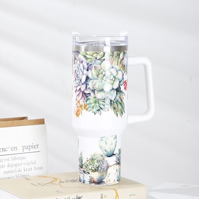 Large Capacity Ice Cup 40Oz Printed Handle Water Cup 1200Ml Sports Water Bottle Thick Plastic-Sprayed Thermos Cup